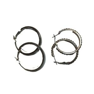 2 Prs of Bohochic Silver Hoop Earrings, 2" All Silver, 1.24" Silver Rhinestones